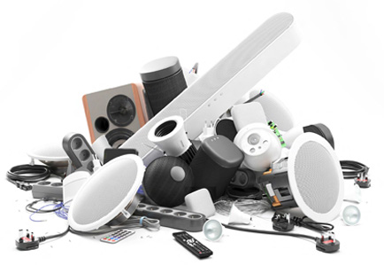 Jumble of audio products in a pile